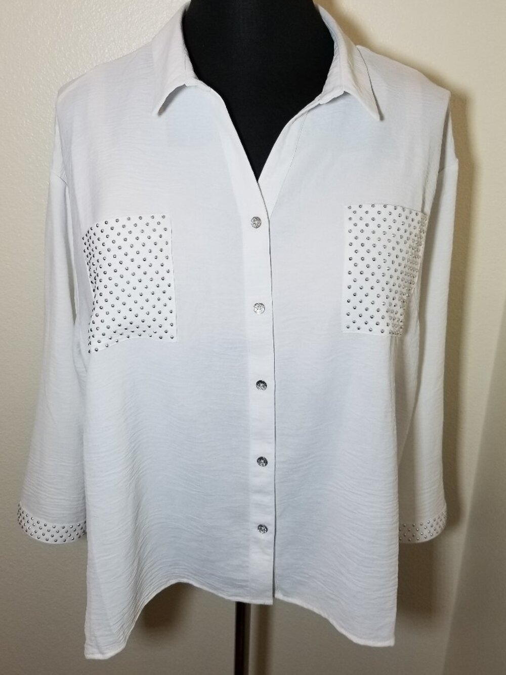Como Black Womens 3x White Button Up Shirt‎ 3/4 Sleeve Studs Retro Party NWT
